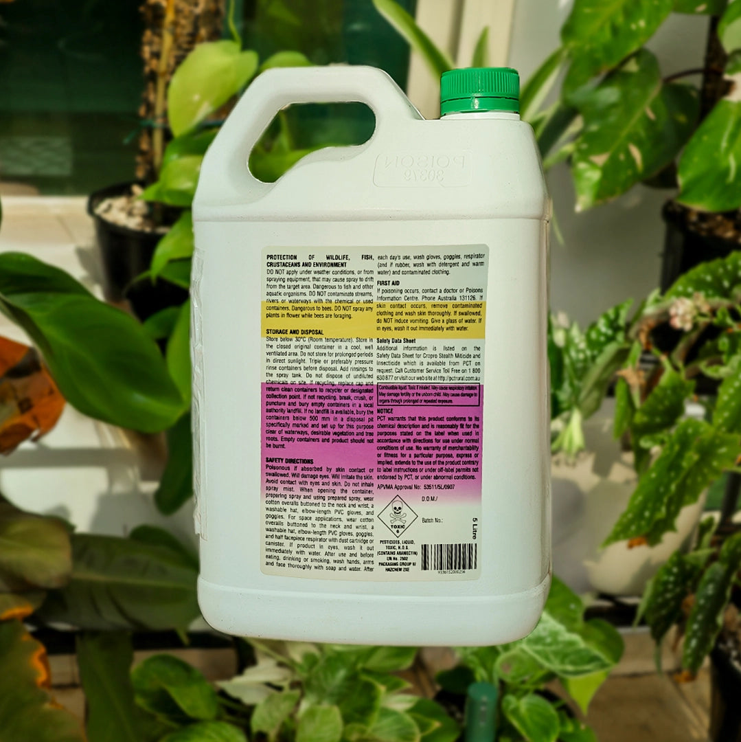 Back labels of a 5l bottle of Stealth Miticide & Insecticide