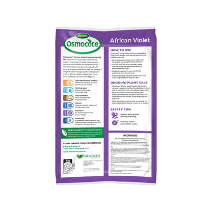 Back of a bag of African Violet Potting mix with instructions and warning labels
