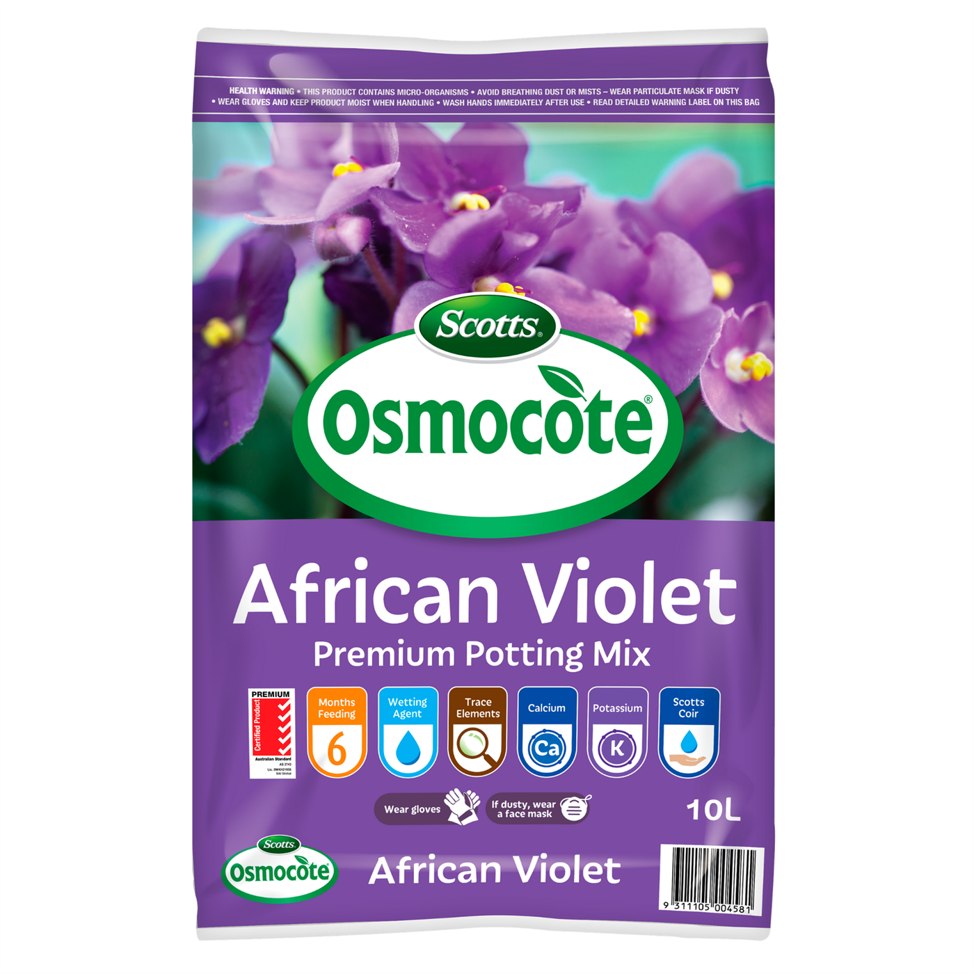 Front of a 10L bag of African Violet potting mix