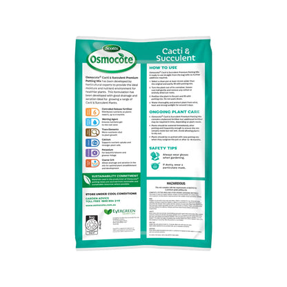 Back of a bag of Cactus and Succulent Potting mix with instructions and warning labels