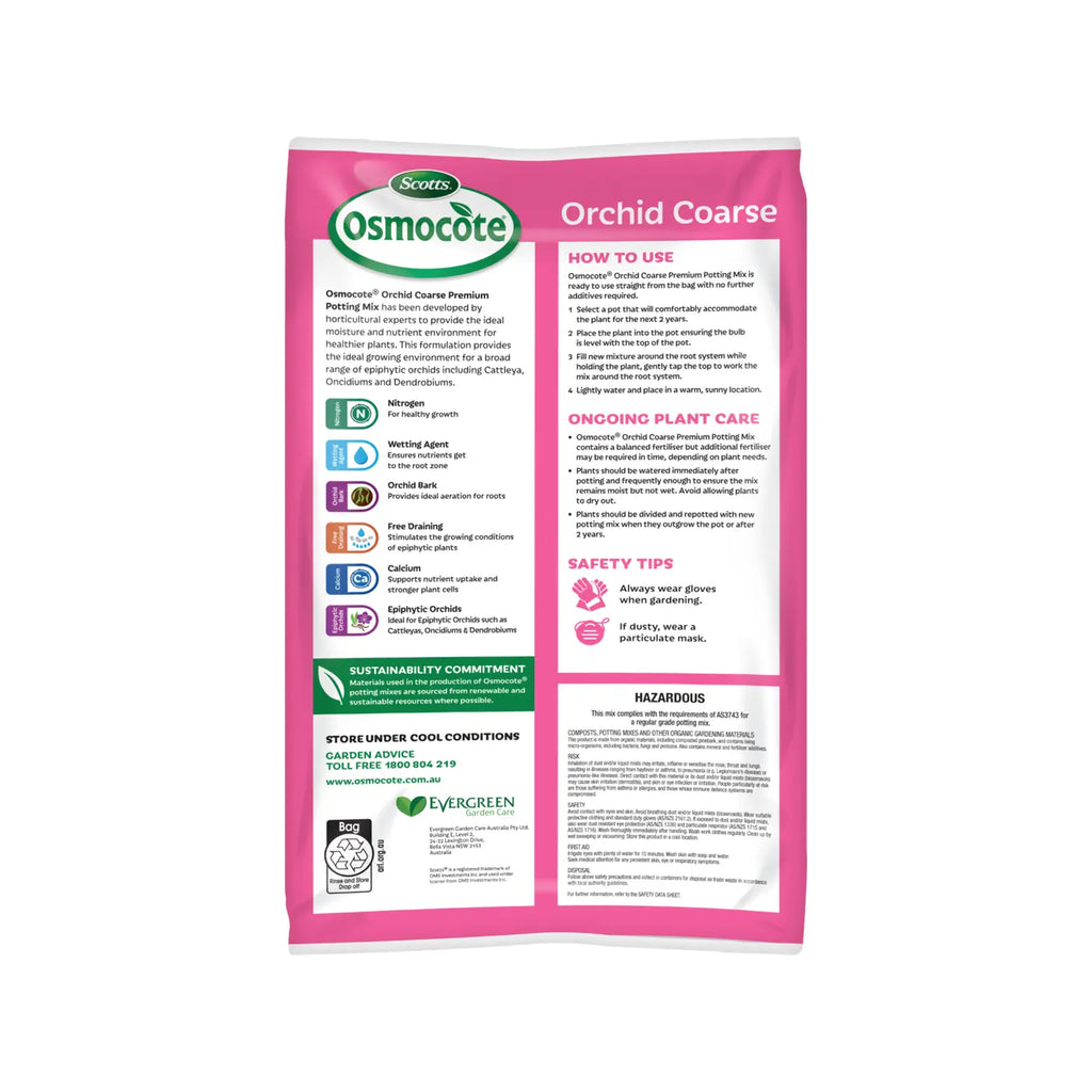 Back of a bag of Orchid Coarse Potting mix with instructions and warning labels
