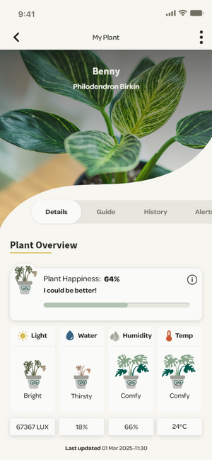Screenshot of Willow App showing latest sensor readings and a health indicator
